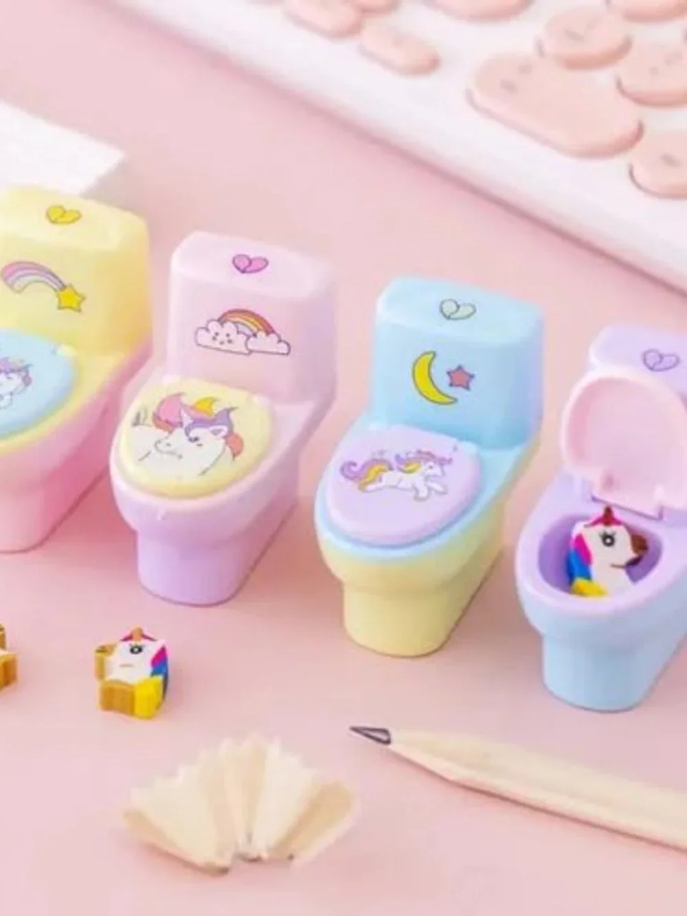 4 Pack Assorted Unicorn Toilet Sharpener with Unicorn Eraser